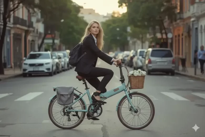 Mulher vivendo a poesia sobre duas rodas com sua bicicleta elétrica.