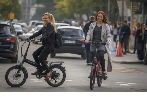 Duas mulheres sorridentes pedalando bicicletas em uma rua arborizada, praticando autocuidado em movimento.