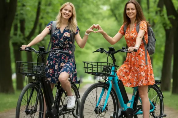 Duas amigas sorridentes prontas para pedalar com leveza estilo dorama.