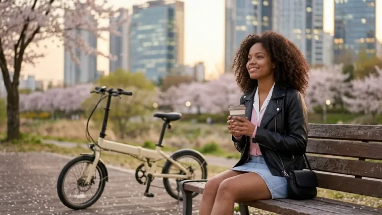 Close-up de mulher real com cabelo cacheado volumoso e jaqueta de couro sentada em banco de praça urbana ao pôr do sol, com sua bicicleta elétrica creme ao lado, vivendo o conceito coreano de Na-da-um e amor-próprio.