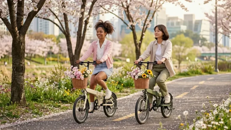 Duas amigas reais, com traços e estilos distintos, pedalando e-bikes dobráveis lado a lado em ciclovia arborizada de outono, com flores de cerejeira nos cestos de vime, simbolizando o Jeong.