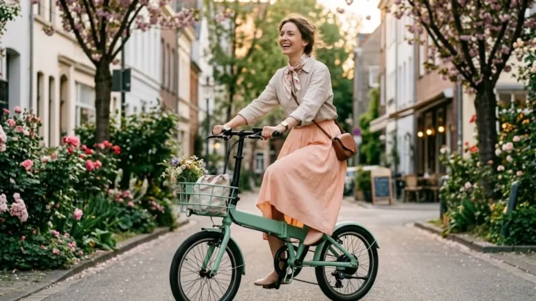 Fotografia profissional de corpo inteiro, capturando uma jovem mulher ocidental sorrindo com textura de pele real, pedalando uma e-bike dobrável integral de cor verde menta e sem marcas, em uma rua urbana repleta de flores. A imagem exemplifica como criar Cenários de Dorama com foco em mobilidade urbana sustentável, alegria e autocuidado, inspired by dramas coreanos.