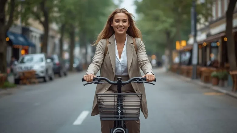 Jovem mulher ocidental sorrindo com textura de pele real e natural, pedalando uma e-bike dobrável compacta e sem marcas em uma rua urbana. A imagem representa o estilo de vida coreano de autocuidado e mobilidade sustentável.