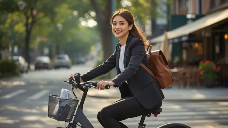 Jovem mulher ocidental sorrindo, com pele real e natural, pedalando uma e-bike dobrável e compacta de cor grafite sem logos. Ela representa a união de mobilidade sustentável e autocuidado urbano.