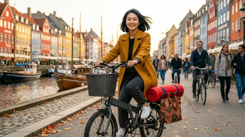 Close-up de frente de mulher real com sobretudo amarelo mostarda pedalando e-bike dobrável preta em ciclovia ao lado do canal Nyhavn em Copenhague, com casas coloridas europeias ao fundo. Cesta prática com mochila de couro.