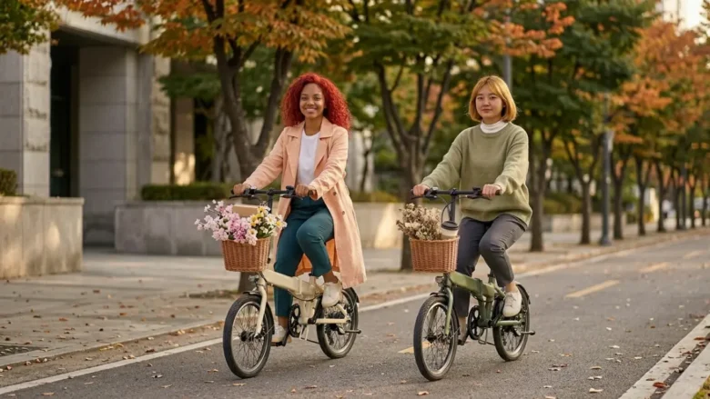 Close-up de frente de duas mulheres reais, uma ruiva e uma loira, pedalando e-bikes dobráveis lado a lado em uma ciclovia urbana com árvores de outono (folhas laranjas e amarelas), sem cerejeiras, olhando para a câmera com confiança.