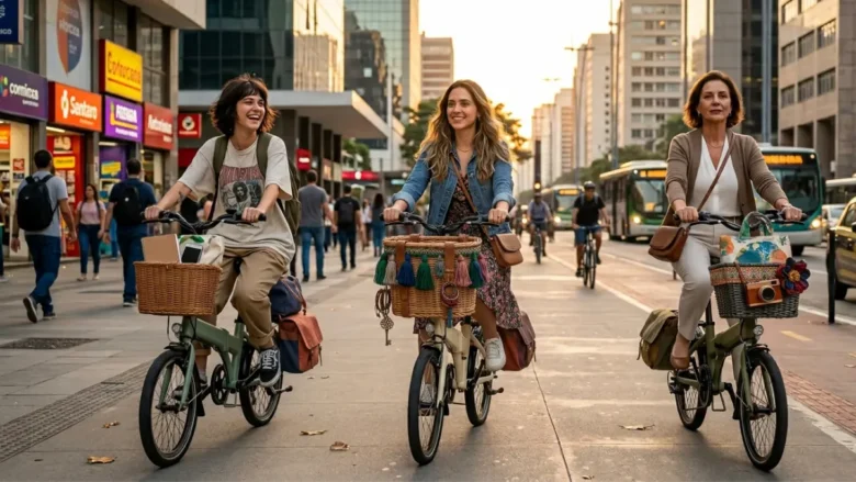 Três mulheres com estilos e traços distintos (uma loira, uma ruiva e uma morena) pedalando bicicletas elétricas dobráveis lado a lado em uma rua urbana movimentada, com prédios e trânsito ao fundo, carregando bolsas e itens do cotidiano nas cestas.