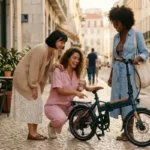 Mulher jovem praticando autocuidado com sua bicicleta elétrica em trajeto urbano.
