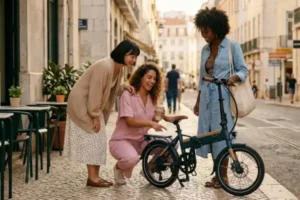 Mulher jovem praticando autocuidado com sua bicicleta elétrica em trajeto urbano.
