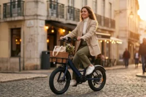 Mulher ocidental estilosa, com blazer bege e calça oliva, sorri ao andar de e-bike dobrável azul marinho com cesta de vime e flores numa rua de pedras na golden hour, evocando uma cena de K-Drama Urbano. Foco em e-bike dobrável barata.