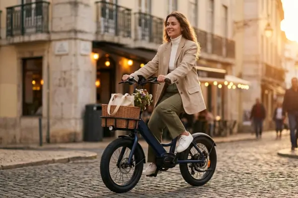 Mulher ocidental estilosa, com blazer bege e calça oliva, sorri ao andar de e-bike dobrável azul marinho com cesta de vime e flores numa rua de pedras na golden hour, evocando uma cena de K-Drama Urbano. Foco em e-bike dobrável barata.
