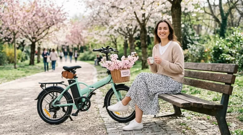Autocuidado e mobilidade urbana com e-bike dobrável em parque de cerejeiras.