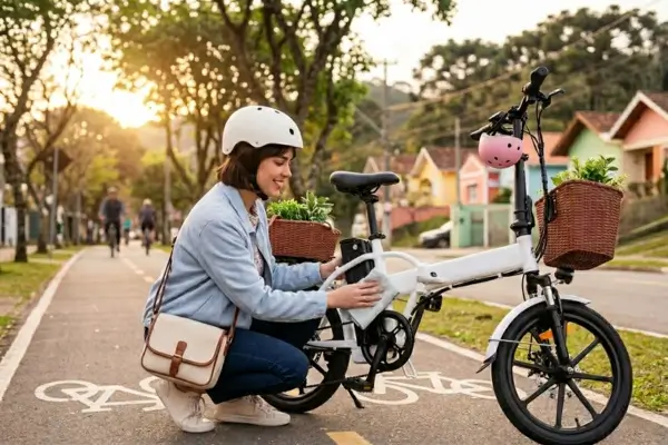 Protagonista realizando a manutenção de e-bike dobrável ao pôr do sol.