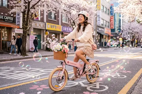 Bicicleta elétrica dobrável rosa com flores no cesto em uma rua de cerejeiras em flor, representando o estilo de vida modo dopamina na rotina.