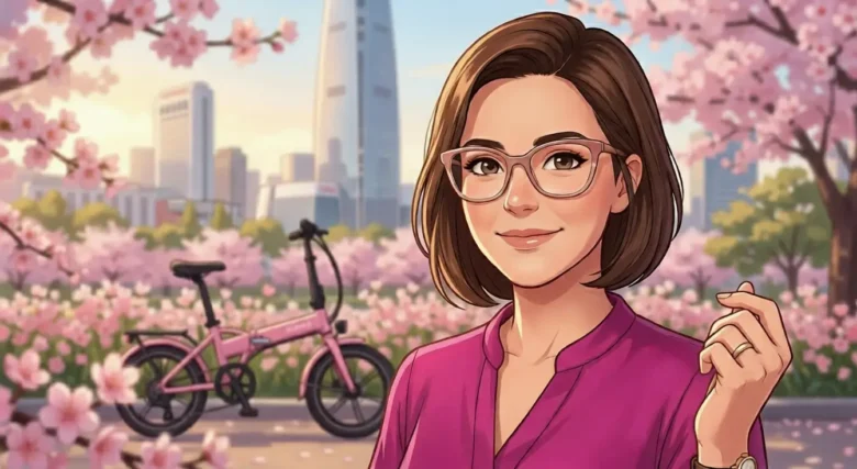 Aline Martins, consultora de saúde e perita técnica, sorrindo em um cenário de cerejeiras com uma e-bike rosa ao fundo.