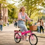 Mulher loira sorrindo em e-bike rosa com cesta de flores em um parque ensolarado, ativando dopamina e ocitocina no estilo dorama.