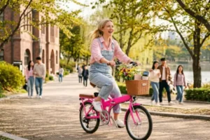 Mulher loira sorrindo em e-bike rosa com cesta de flores em um parque ensolarado, ativando dopamina e ocitocina no estilo dorama.